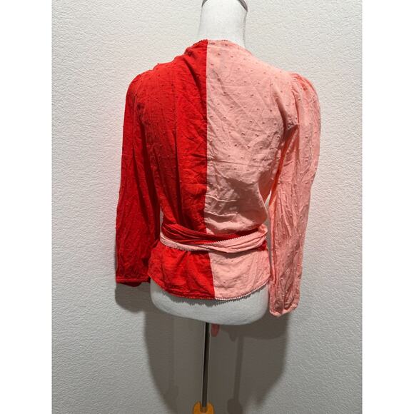 Farm Rio for Anthropologie Color Block Wrap Top Sz M Peach Red Orange - Picture 5 of 9